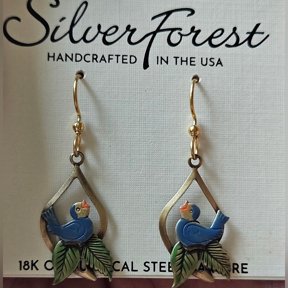 Silver Forest Earrings Blue Bird on Green Leaves in Open Tree Drop